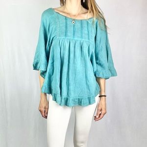 ARK |🦕Teal Turquoise Faded Hippie Boho Lace Trim Dolman Ruffled Blouse Top